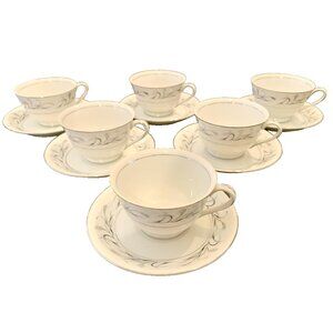 6 Harmony House Platinum Wheat Footed Cup & Saucer Set Platinum Garland